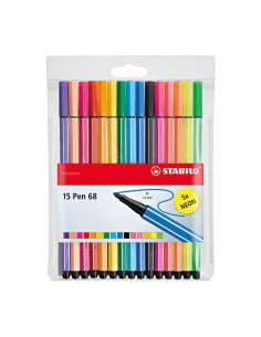 ESTUCHE PLÁSTICO 10 ROTULADORES STABILO PEN 68 + 5 NEÓN