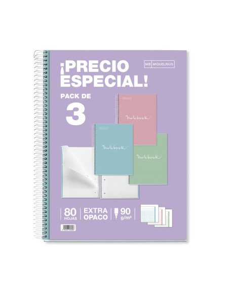 BLOC MIQUELRIUS EMOTIONS NOTEBOOK 1 microtapa EXTRA A4 80h 90g CUADRIC5x5 COLORES PASTEL SURTIDO PACK de 3
