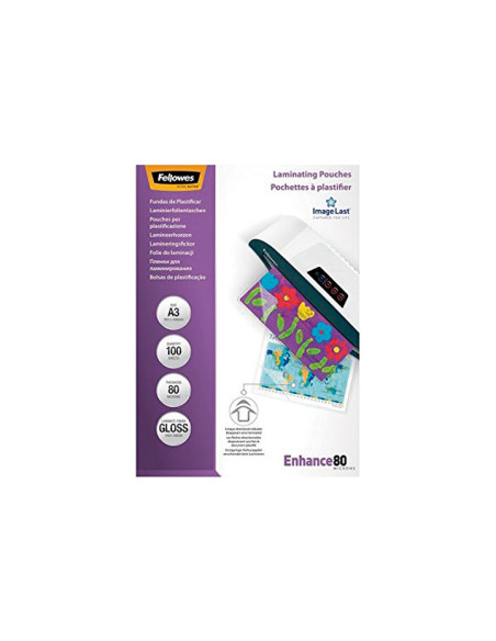 FUNDA PLASTIFICAR FELLOWES BRILLO 303x426 A3 80 PAQUETE de 100