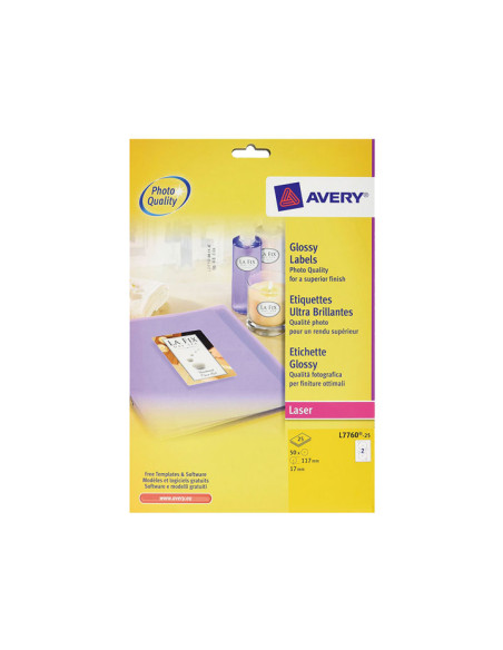 CAJA 25h ETIQUETAS AVERY PARA CD LÁSER GLOSSY Ø117 mm