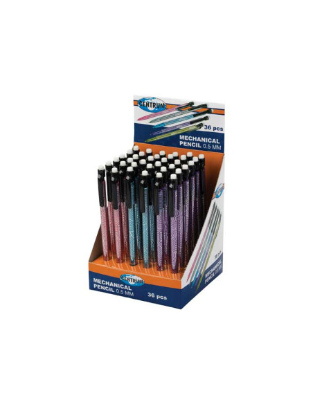EXPOSITOR DE 36 PORTAMINAS CON PUNTA DE 0.5MM Y GOMA EN 3 COLORES