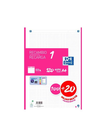 OXFORD RECAMBIO CLASSIC 120 HOJAS A4 SUELTAS 90GR 5X5MM 4 TALADROS 1 BANDA COLOR FUCSIA