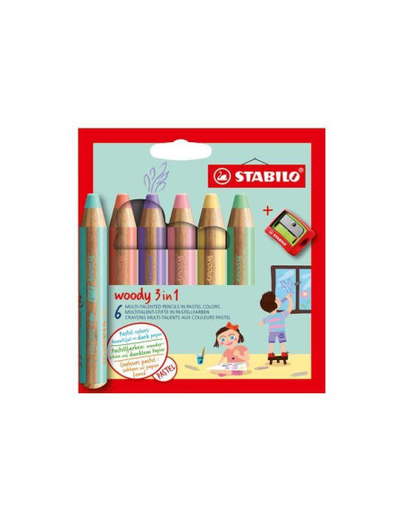 ESTUCHE 6 LÁPICES DE COLOR STABILO® WOODY 3 EN 1 PASTEL + SACAPUNTAS