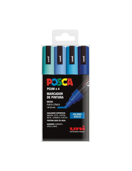 POSCA MARCADOR  PC-5M4C NO PERMANENTE 18MM-25MM COLORES SURTIDOS AZULES -ESTUCHE 4U-