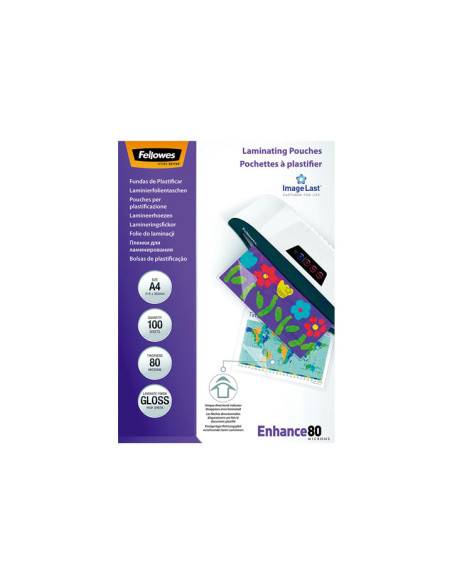 PACK 100 FUNDAS DE PLASTIFICAR FELLOWES BRILLO A4 80 MICRAS