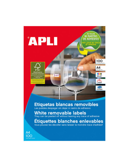 APLI ETIQUETAS REMOVIBLES 368X238MM INKJETLÁSER CROMOS 55 X 100H BLANCO