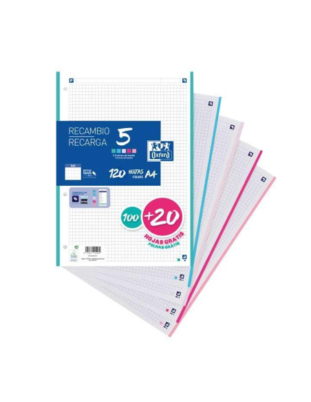 OXFORD RECAMBIO CLASSIC 100H  20H GRATIS A4 SUELTAS 90GR 5X5MM 4 TALADROS 5 BANDAS COLORES PASTEL