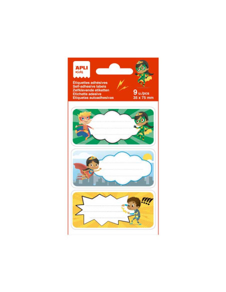 EXPOSITOR 60 BOLSAS 9 ETIQUETAS ESCOLARES APLI KIDS 75x35mm