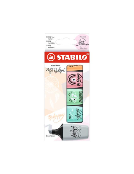 MARCADOR FLUOR STABILO BOSS MINI 07  PASTEL ESTUCHE de 5 rubor rosa pizca de menta toque turquesa naranja gris