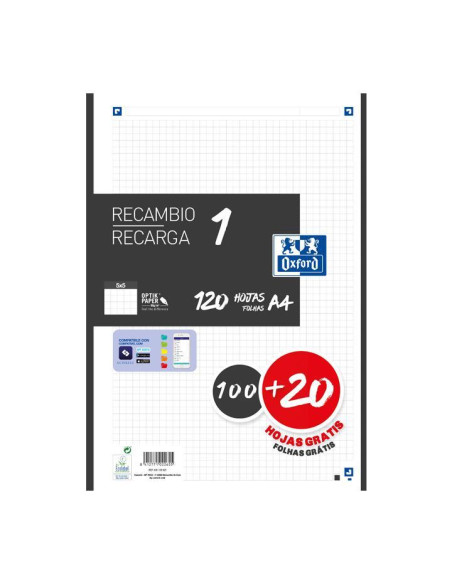 OXFORD RECAMBIO CLASSIC 120 HOJAS A4 SUELTAS 90GR 5X5MM 4 TALADROS 1 BANDA COLOR NEGRO