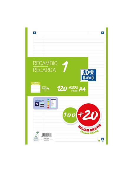 OXFORD RECAMBIO CLASSIC 120 HOJAS A4 SUELTAS 90GR 1 LÍNEA 4 TALADROS 1 BANDA COLOR VERDE