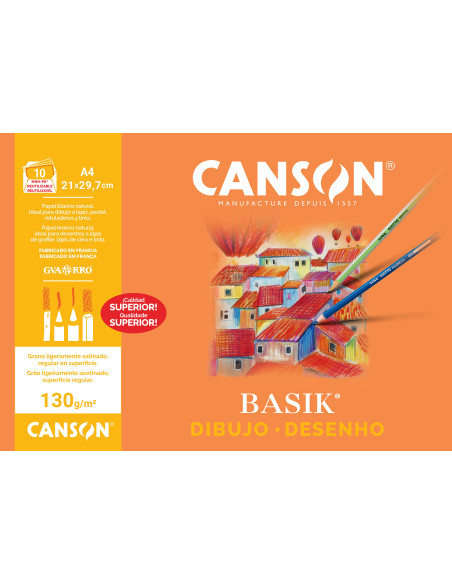 MINIPACK 10h LÁMINAS CANSON DE DIBUJO BASIK 130gr A4