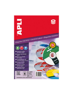 APLI ETIQUETAS ADHESIVAS PARA CD-DVD TAMAÑO CLÁSICO INKJETLÁSER 2 X 25H DORSO OPACO