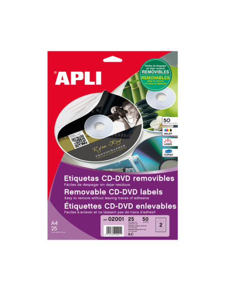 ETIQUETAS ADHIMPRAPLI A4 MULTIMEDCD-DVD CLASICA BLISTER 25h REMOVIBLE MATE Ø ext114 e int41 mm 50 uds02001
