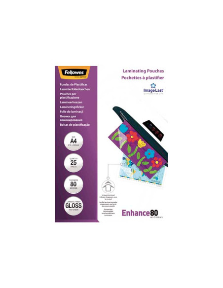 FELLOWES FUNDAS DE PLASTIFICAR 80 MICRAS A4 BRILLO PACK 25 UD