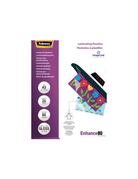 FELLOWES FUNDAS DE PLASTIFICAR 80 MICRAS A3 BRILLO PACK 25 UD