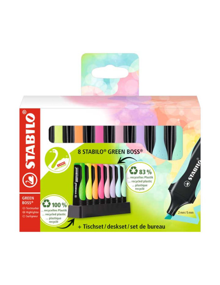 STABILO MARCADOR FLUORESCENTE GREEN BOSS SET ESCRITORIO CSURTIDOS BLÍSTER 8 UD