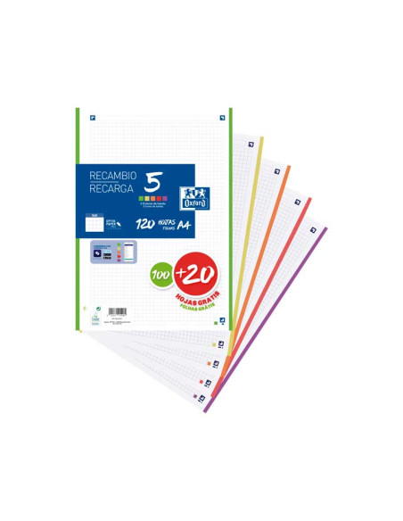 OXFORD RECAMBIO CLASSIC 100H  20H GRATIS A4 SUELTAS 90GR 5X5MM 4 TALADROS 5 BANDAS COLORES VIVOS