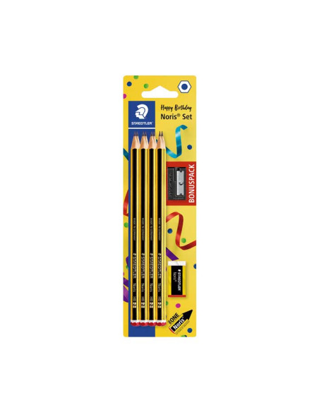 STAEDTLER BLÍSTER CON 8 LÁPICES NORIS 120-2  UNA GOMA NORIS 526 N40  REGALO DE 1 AFILALÁPICES SIMPLE DE PLÁSTICO