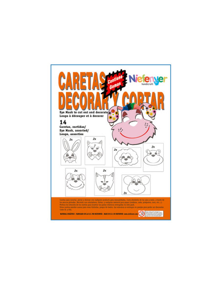 CARETA CARTULINA  para RECORTAR Y DECORAR ANIMALES NIEFENVER PACK de 14