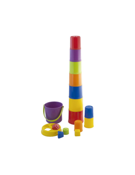 JUEGO MINILAND GIANTTECUBO VASITOS APILABLES 10 vasos 4 formas 1 cubo y 1 tapa 95 cm