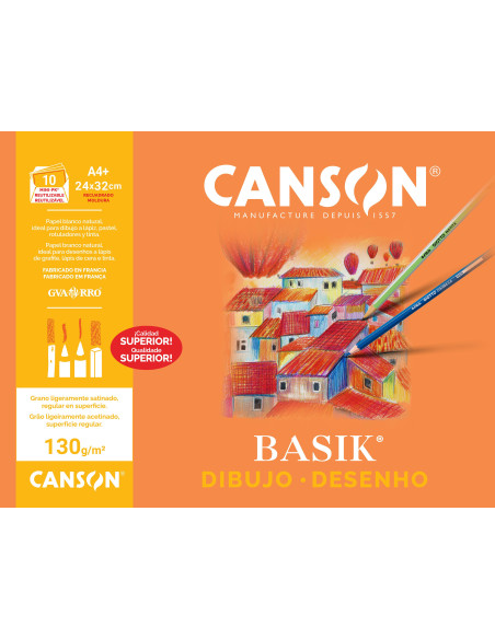 MINIPACK 10h LÁMINAS CANSON DE DIBUJO BASIK 130gr A4 CON RECUADRO