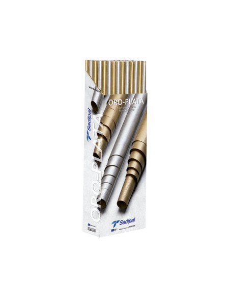 EXPOSITOR 50 ROLLOS PAPEL REGALO SADIPAL KRAFT ORO Y PLATA 1x3m