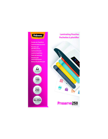 PACK 100 FUNDAS DE PLASTIFICAR FELLOWES BRILLO A4 250 MICRAS