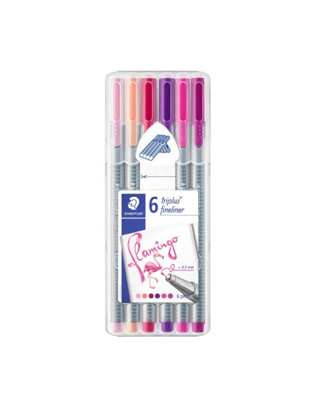 ROTULADOR FIBRA STAEDTLER  334 TRIPLUS FINELINER FLAMINGO ESTUCHE de 6 Violeta Magenta Carmin Claro Rojo Burdeos Salmon Violeta 