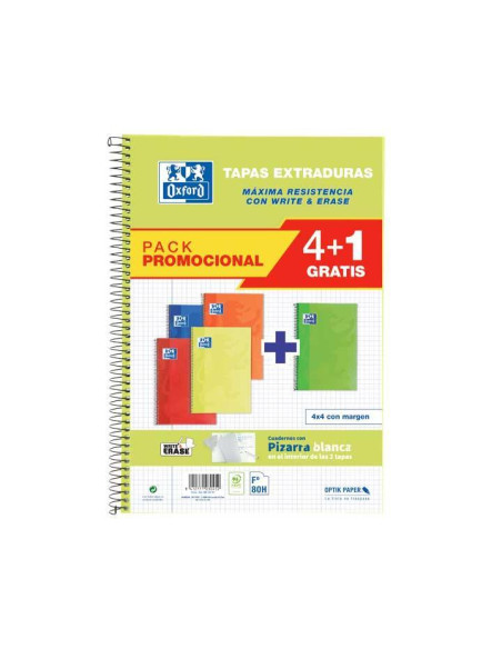 OXFORD CUADERNO ESPIRAL WRITE&ERASE 80H FOLIO 4X4MM CMARGEN TAPA EXTRADURA PACK 41 UD CSURTIDOS VIVOS