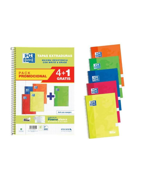OXFORD CUADERNO ESPIRAL WRITE&ERASE 80H FOLIO 4X4MM CMARGEN TAPA EXTRADURA PACK 41 UD CSURTIDOS VIVOS