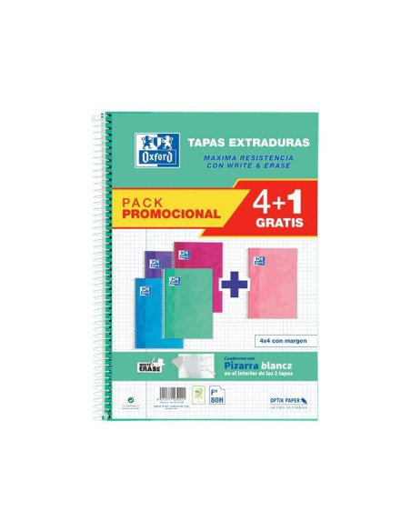 OXFORD CUADERNO ESPIRAL WRITE&ERASE 80H FOLIO 4X4MM CMARGEN TAPA EXTRADURA PACK 41 UD CSURTIDOS TENDENCIA
