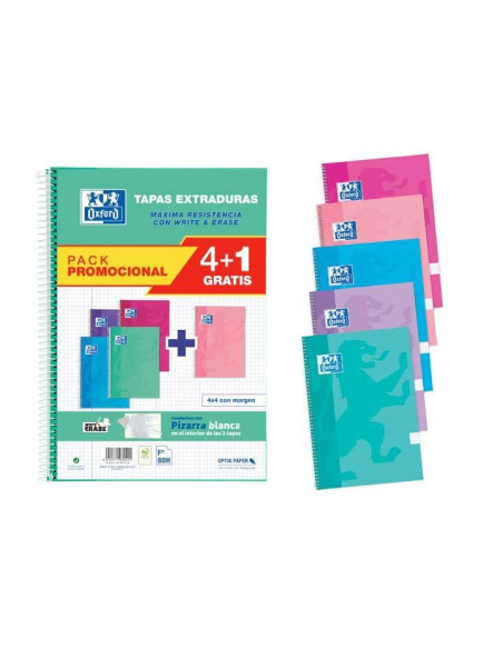 OXFORD CUADERNO ESPIRAL WRITE&ERASE 80H FOLIO 4X4MM CMARGEN TAPA EXTRADURA PACK 41 UD CSURTIDOS TENDENCIA