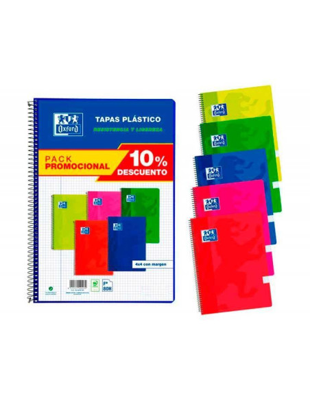 BLOC OXFORD SCHOOL CLASSIC tapa PP F 80h CUADRIC4x4 90g PACK 5 col vivos