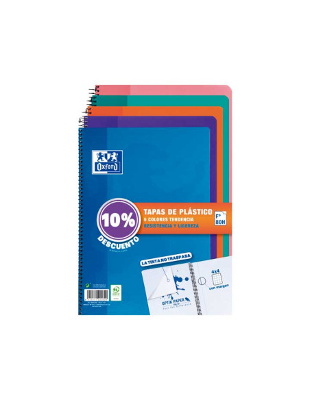 BLOC OXFORD SCHOOL CLASSIC tapa PP F 80h CUADRIC4x4 90g PACK 5 col tendencia