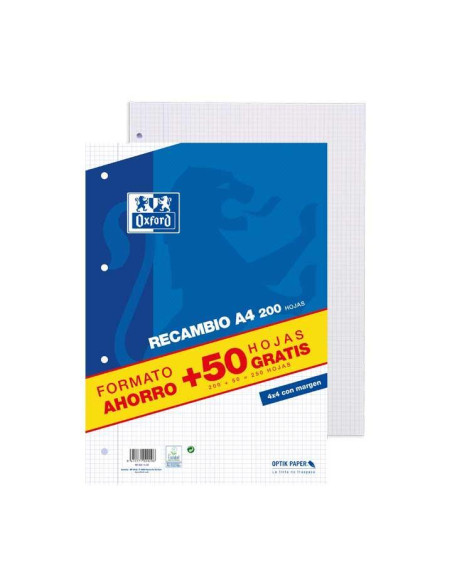 OXFORD RECAMBIO 200H  50H A4 SUELTAS 90GR 4X4MM CMARGEN 4 TALADROS
