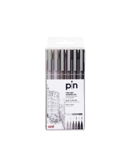 UNIBALL MARCADOR PERMANENTE PIN-200S6P CALIBRADO SURTIDO GRIS & NEGRO ESTUCHE 6 UD