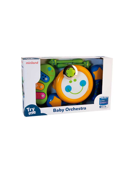 JUEGO MINILAND BABY ORCHESTRA 12-36 MESES 1 Tambor con palillo 2 Baquetas  1 Xilofono  2 Maracas