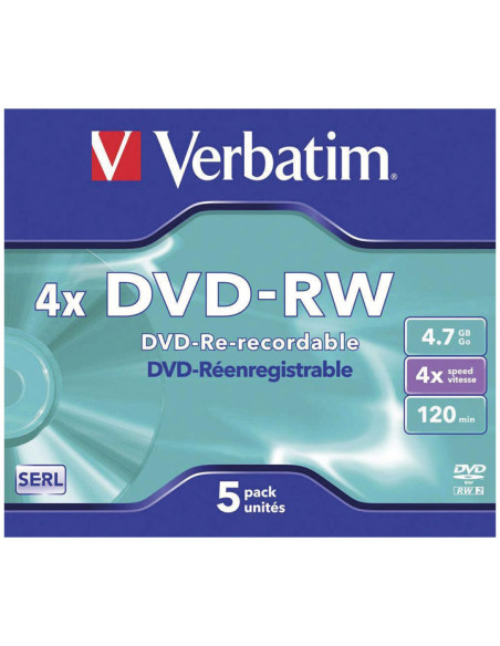 DVD -RW VERBATIM 47GB 4x PACK 5 JEWEL CASE Incluye Canon LPI de 140 