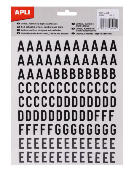 BOLSA 468 AHESIVOS APLI LETRAS Y NÚMEROS 15mm