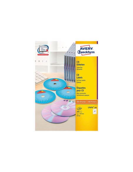 CAJA 100h ETIQUETAS AVERY PARA CD INKJETLÁSER Ø117 mm