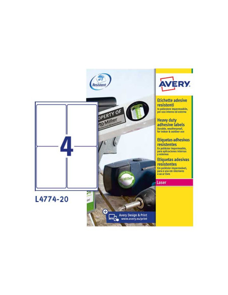 ETIQUETAS ADHIMPRAVERY A4 POLYESTER BLANCO CROMOS LASER CAJA 20h 991x139 mm 80 udsL4774