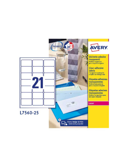 ETIQUETAS ADHIMPRAVERY A4 POLYESTER TRANSPARENTE CROMOS LASER CAJA 25h 635x381 mm 525 udsL7560