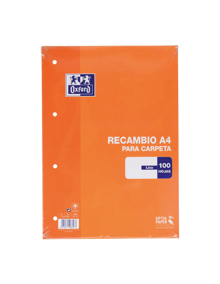 OXFORD RECAMBIO CLASSIC 100H A4 SUELTAS 90GR LISO 4 TALADROS NARANJA