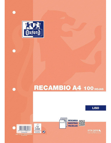OXFORD RECAMBIO CLASSIC 100H A4 SUELTAS 90GR LISO 4 TALADROS NARANJA