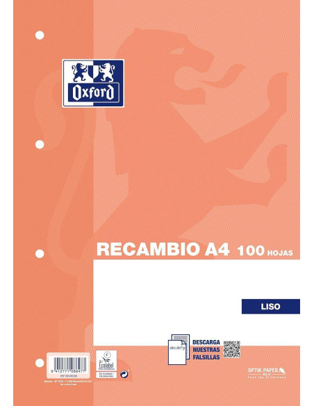 OXFORD RECAMBIO CLASSIC 100H A4 SUELTAS 90GR LISO 4 TALADROS NARANJA