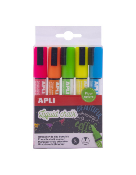 ESTUCHE 5 ROTULADORES APLI LIQUID CHALK PUNTA CÓNICA FLÚOR