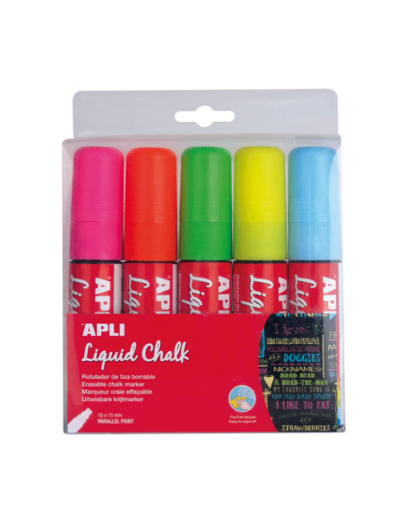 ESTUCHE 5 ROTULADORES APLI LIQUID CHALK PUNTA BISELADA FLÚOR