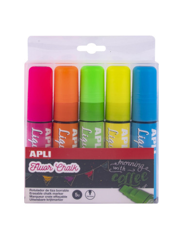 ESTUCHE 5 ROTULADORES APLI LIQUID CHALK PUNTA BISELADA FLÚOR