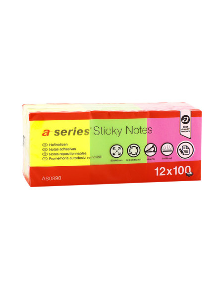 PACK 12 BLOCS DE NOTAS A-SERIES REPOSICIONABLES NEÓN 40x50 mm